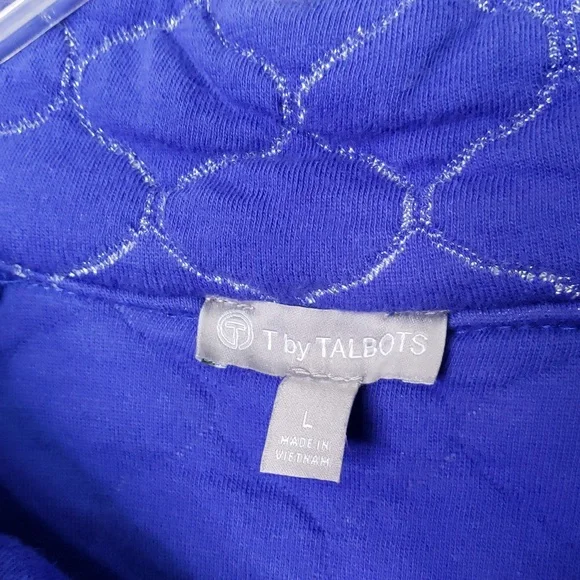 T By TALBOTS Quilted Blue Silver Zip Neck Pullover Top Size large - Picture 8 of 9